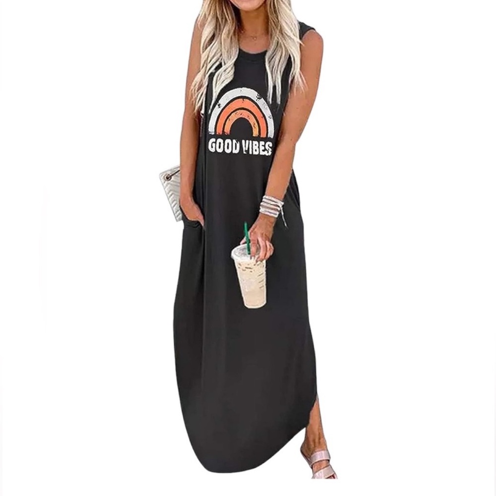 Charcoal Grey Sleeveless Maxi Dress with Good Vibes Graphic Print